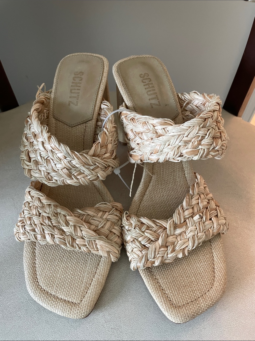 SCHUTZ Braided Double-Strap Slide Heels in Natural Beige. FLAWED!